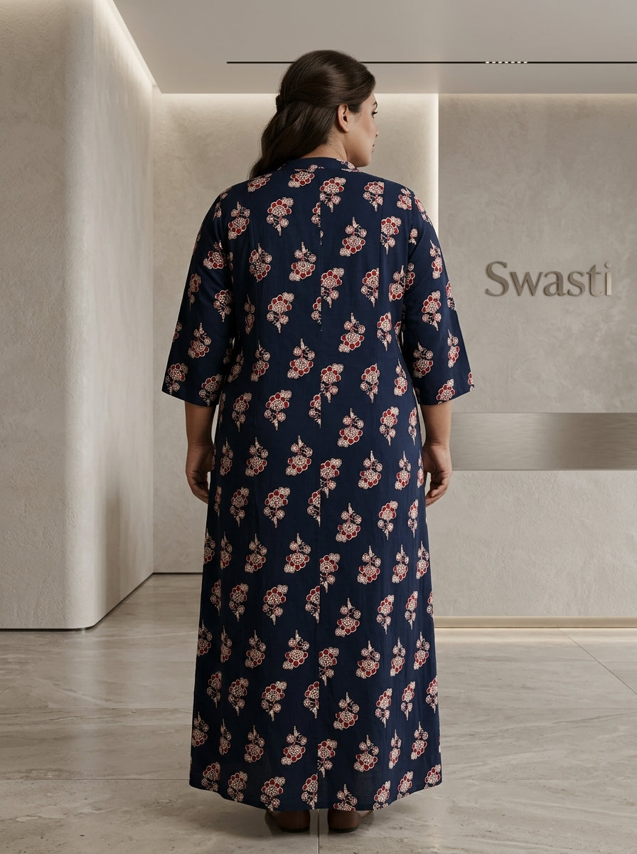 Black Rayon Floral Print Plus Size A-line Gown-400075