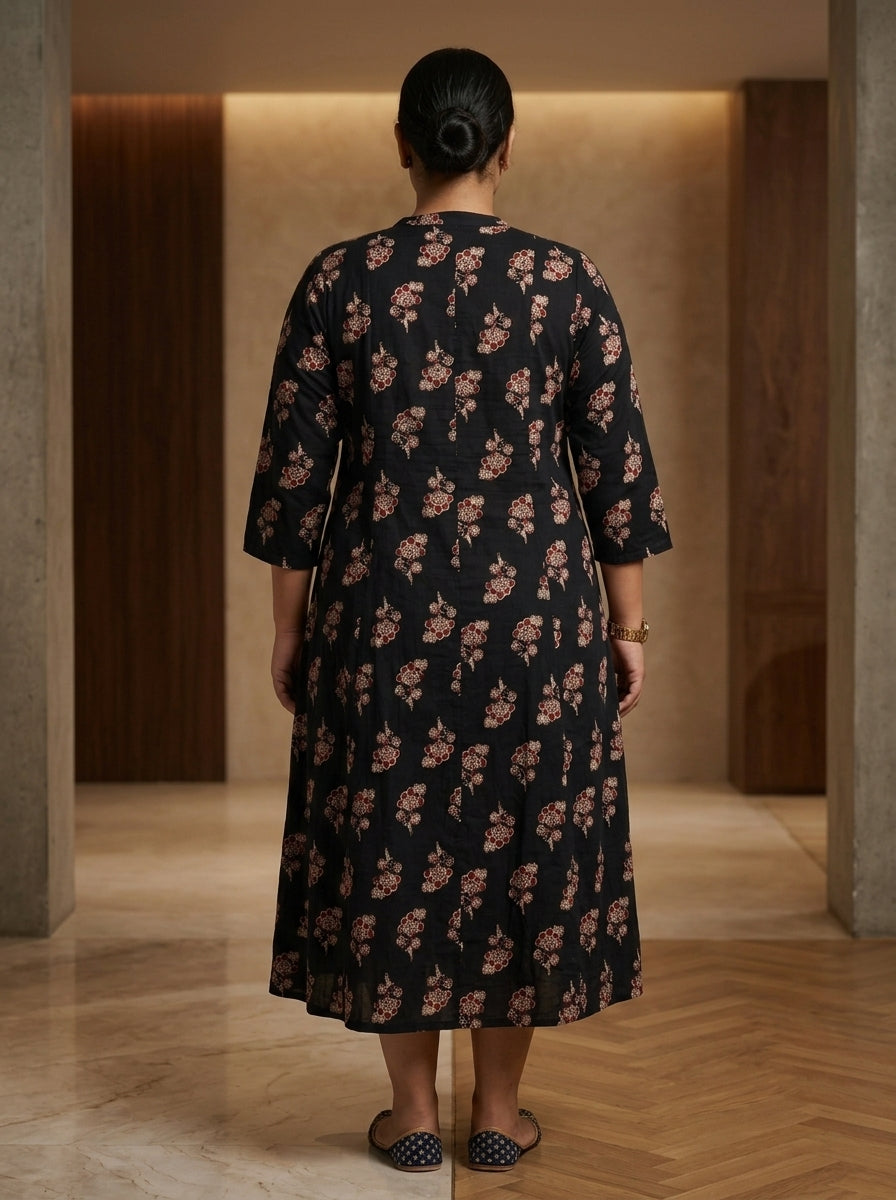 Black Rayon Floral Print Plus Size A-line Gown-400075