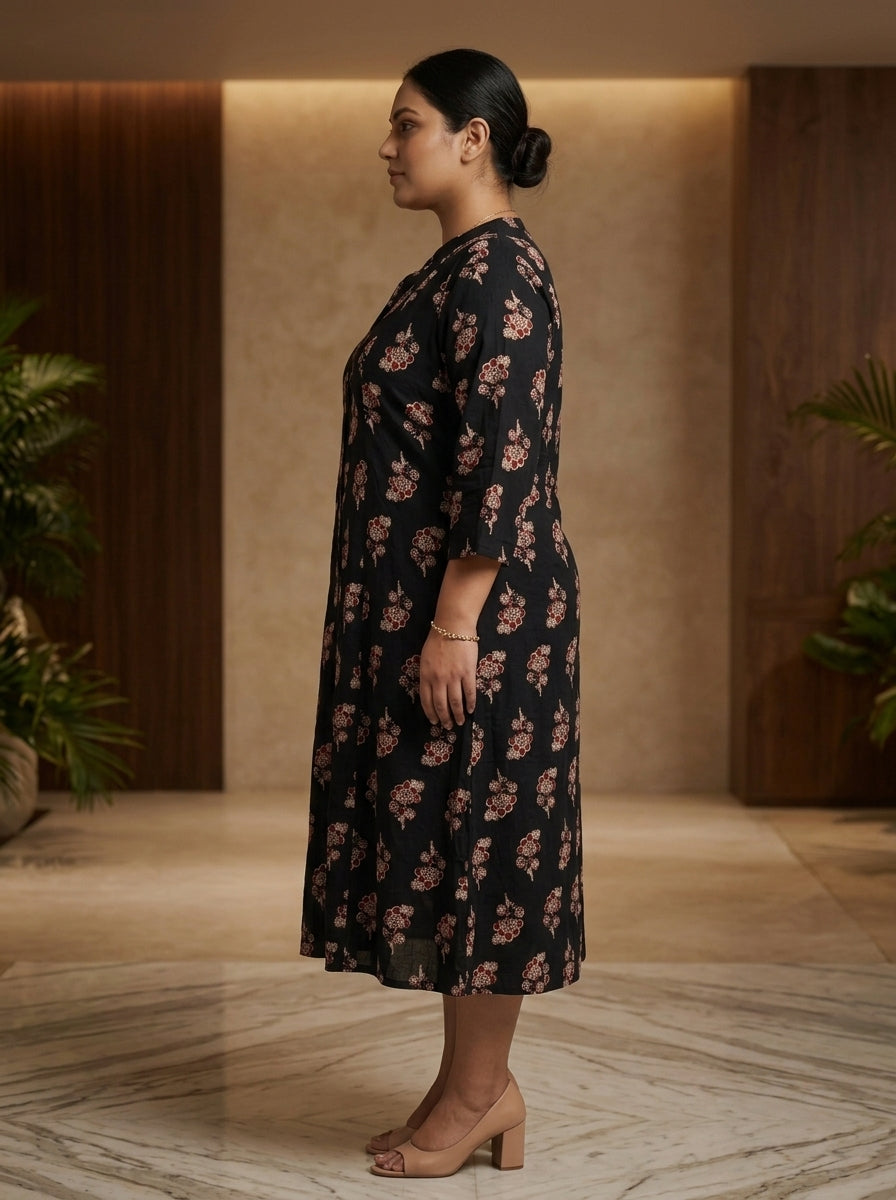 Black Rayon Floral Print Plus Size A-line Gown-400075