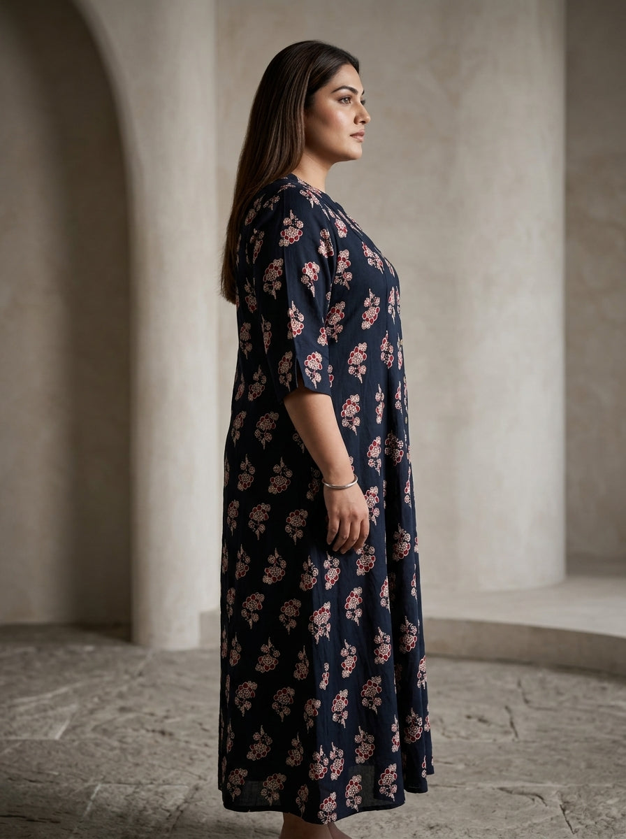 Black Rayon Floral Print Plus Size A-line Gown-400075
