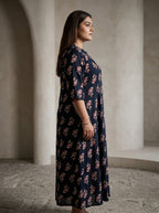 Black Rayon Floral Print Plus Size A-line Gown-400075