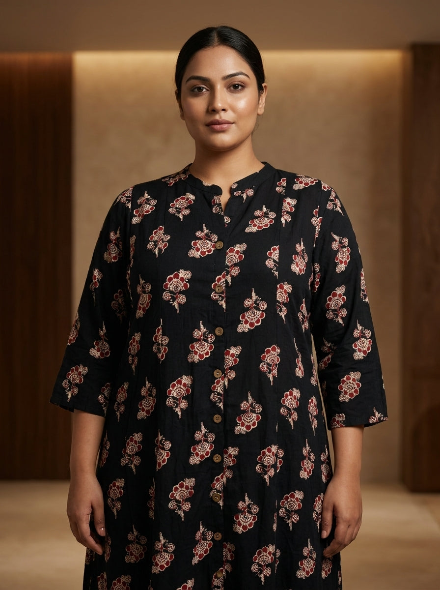 Black Rayon Floral Print Plus Size A-line Gown-400075