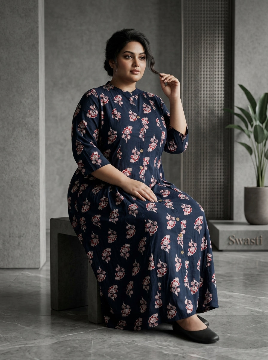 Black Rayon Floral Print Plus Size A-line Gown-400075