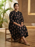 Black Rayon Floral Print Plus Size A-line Gown-400075