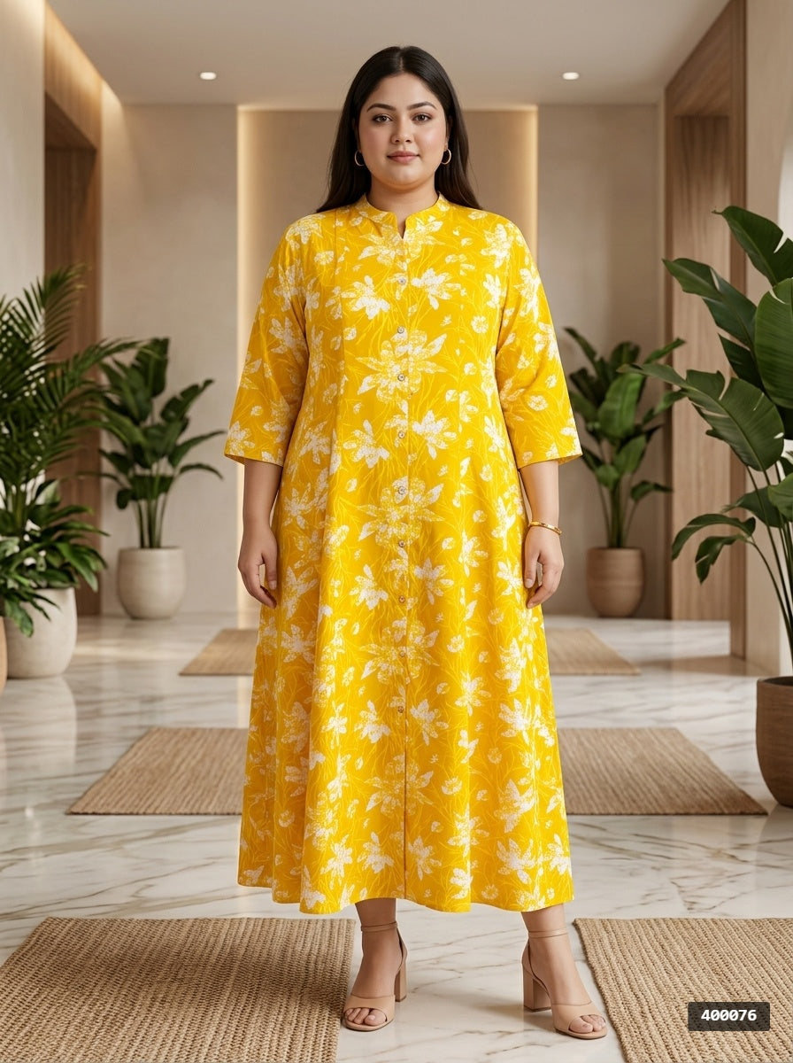 Plus Size Yellow Rayon Floral Print Flared Long Gown-400076