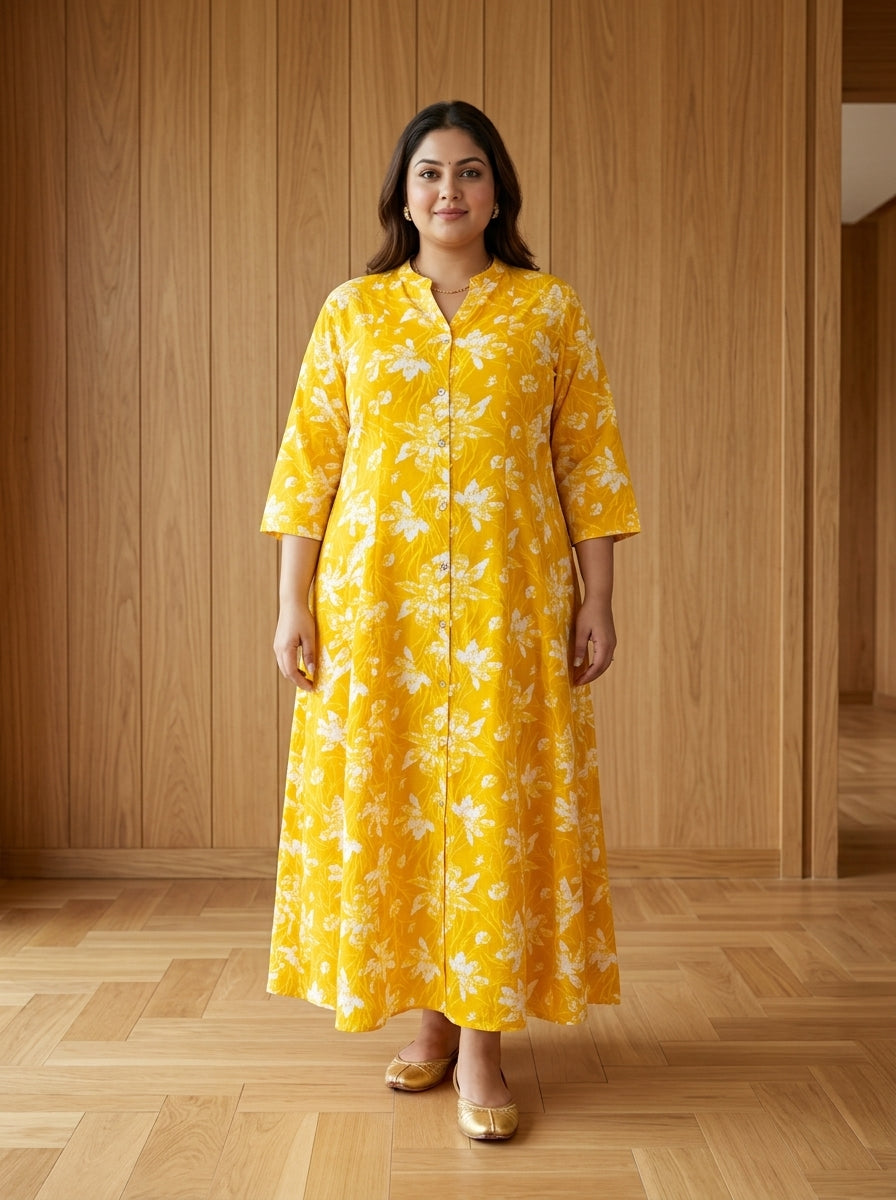 Plus Size Yellow Rayon Floral Print Flared Long Gown-400076