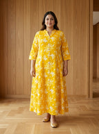 Plus Size Yellow Rayon Floral Print Flared Long Gown-400076