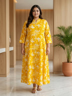 Plus Size Yellow Rayon Floral Print Flared Long Gown-400076