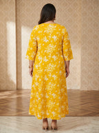 Plus Size Yellow Rayon Floral Print Flared Long Gown-400076