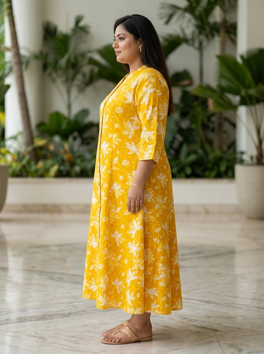 Plus Size Yellow Rayon Floral Print Flared Long Gown-400076