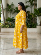Plus Size Yellow Rayon Floral Print Flared Long Gown-400076
