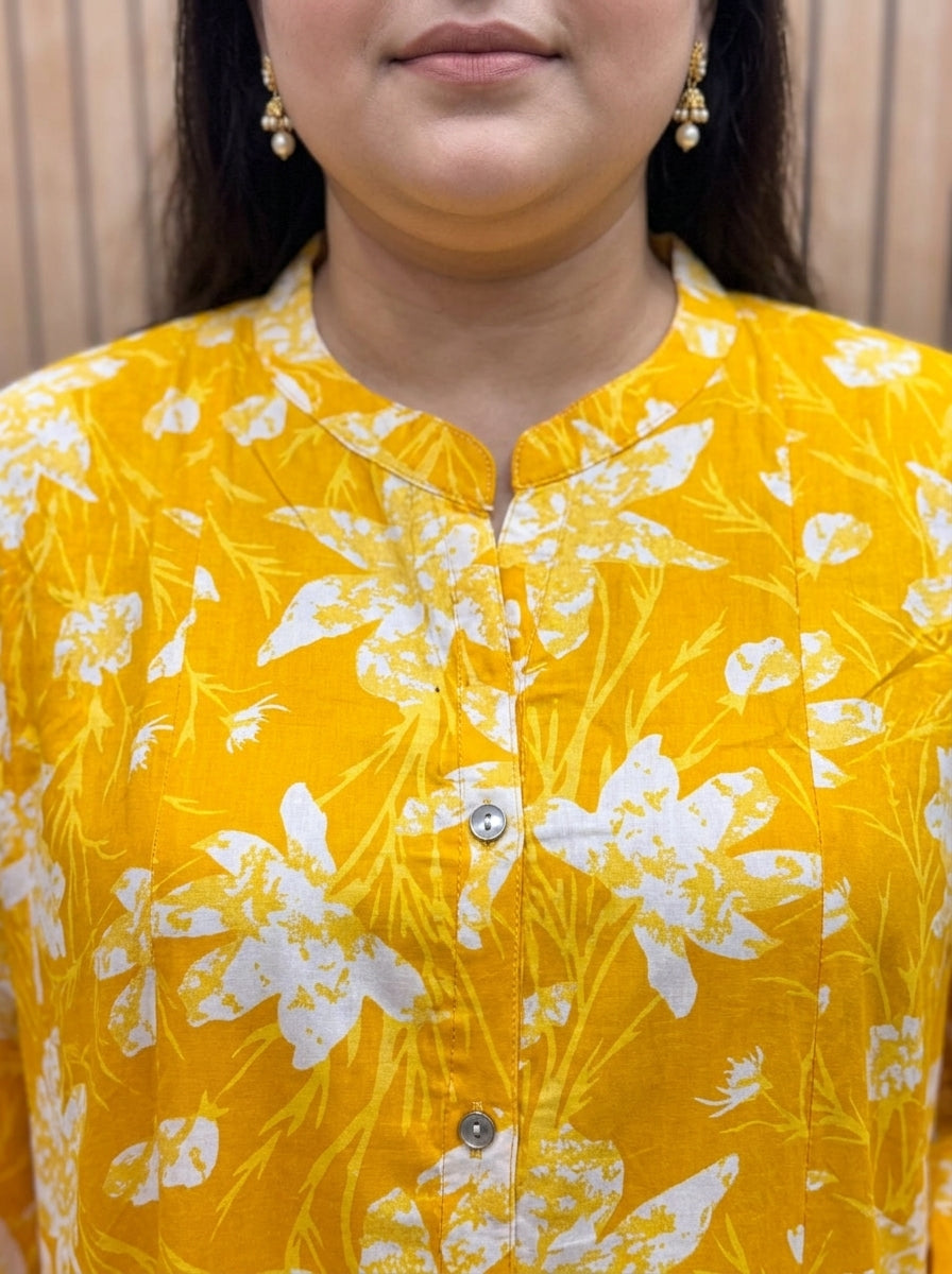 Plus Size Yellow Rayon Floral Print Flared Long Gown-400076