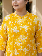 Plus Size Yellow Rayon Floral Print Flared Long Gown-400076