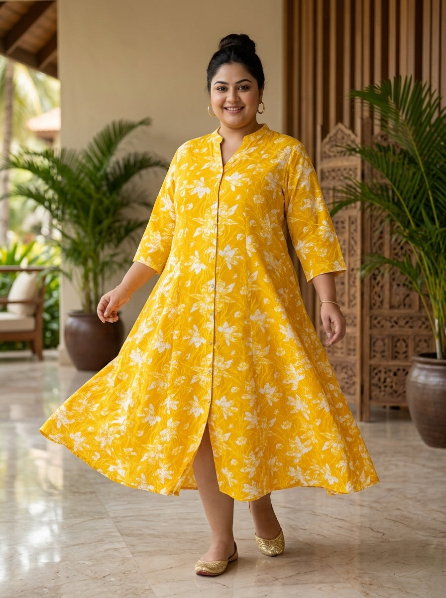 Plus Size Yellow Rayon Floral Print Flared Long Gown-400076