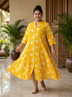 Plus Size Yellow Rayon Floral Print Flared Long Gown-400076