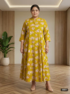Plus Size Yellow Rayon Floral Print Flared Long Gown-400077