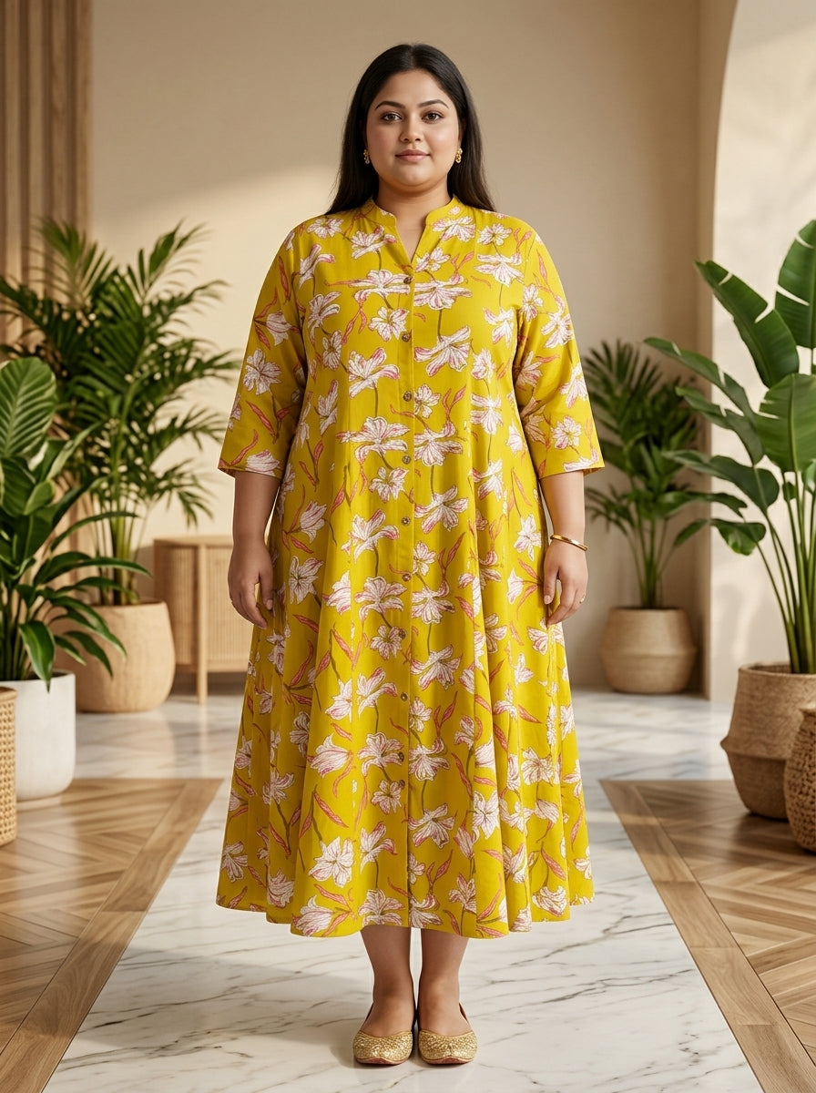 Plus Size Yellow Rayon Floral Print Flared Long Gown-400077 Secondary image
