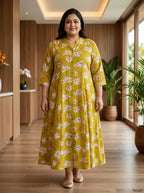 Plus Size Yellow Rayon Floral Print Flared Long Gown-400077
