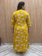 Plus Size Yellow Rayon Floral Print Flared Long Gown-400077