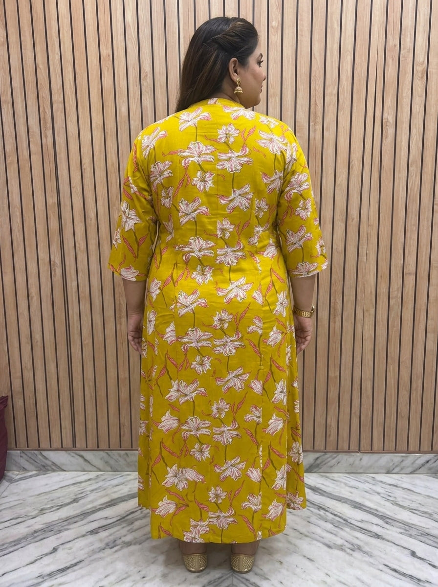 Plus Size Yellow Rayon Floral Print Flared Long Gown-400077