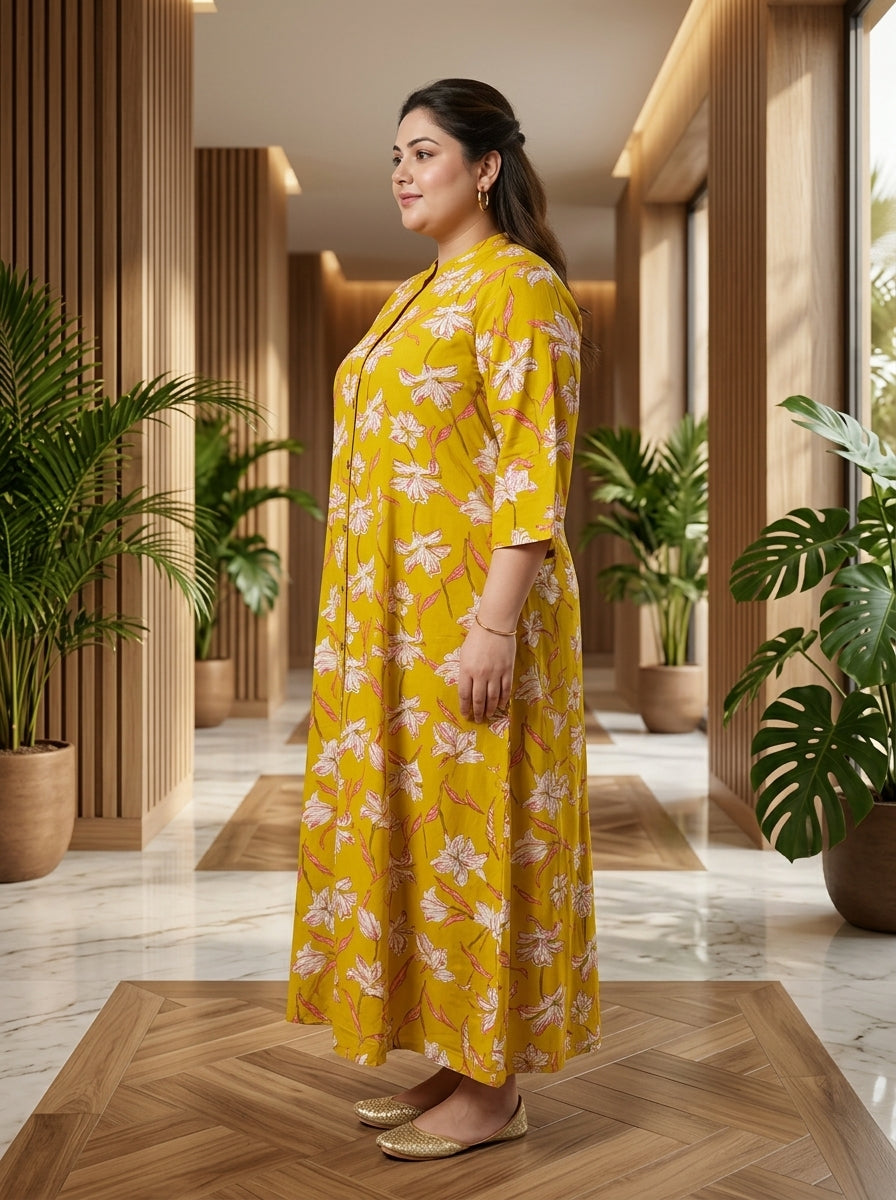 Plus Size Yellow Rayon Floral Print Flared Long Gown-400077