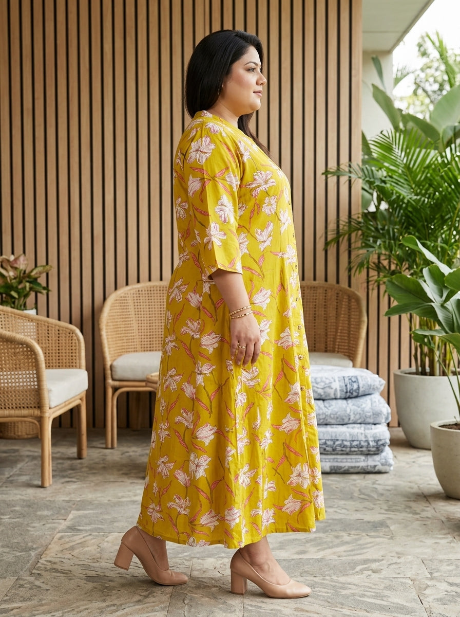 Plus Size Yellow Rayon Floral Print Flared Long Gown-400077