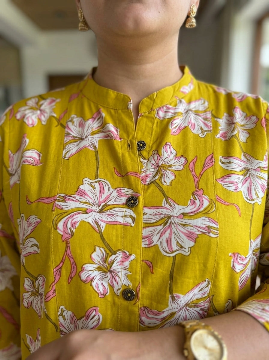 Plus Size Yellow Rayon Floral Print Flared Long Gown-400077
