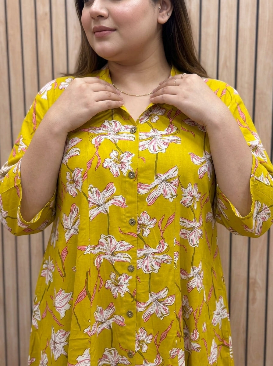 Plus Size Yellow Rayon Floral Print Flared Long Gown-400077