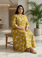 Plus Size Yellow Rayon Floral Print Flared Long Gown-400077