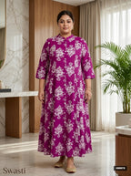 Pink Rayon Floral Print A Line Long Dress Plus Size-400078