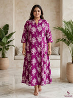 Pink Rayon Floral Print A Line Long Dress Plus Size-400078