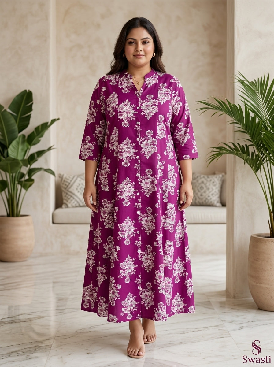 Pink Rayon Floral Print A Line Long Dress Plus Size-400078