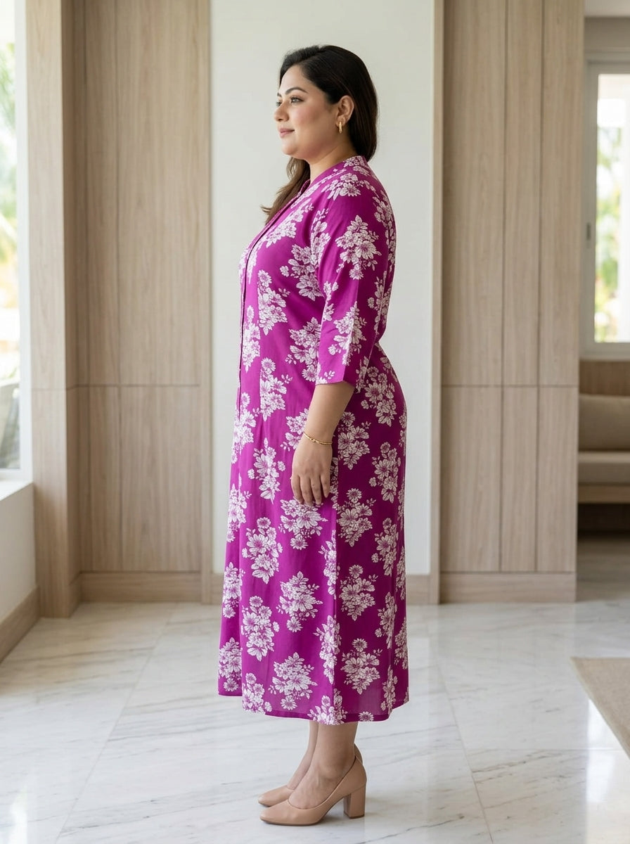 Pink Rayon Floral Print A Line Long Dress Plus Size-400078