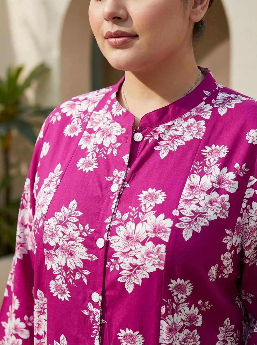 Pink Rayon Floral Print A Line Long Dress Plus Size-400078