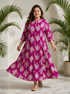 Pink Rayon Floral Print A Line Long Dress Plus Size-400078