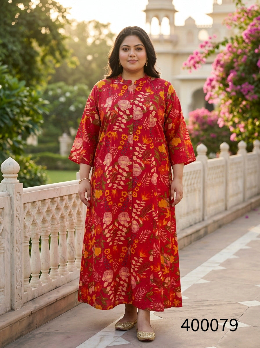 Red Rayon Floral Print Flared Long Kurta Plus Size-400079 Main image