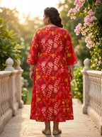 Red Rayon Floral Print Flared Long Kurta Plus Size-400079