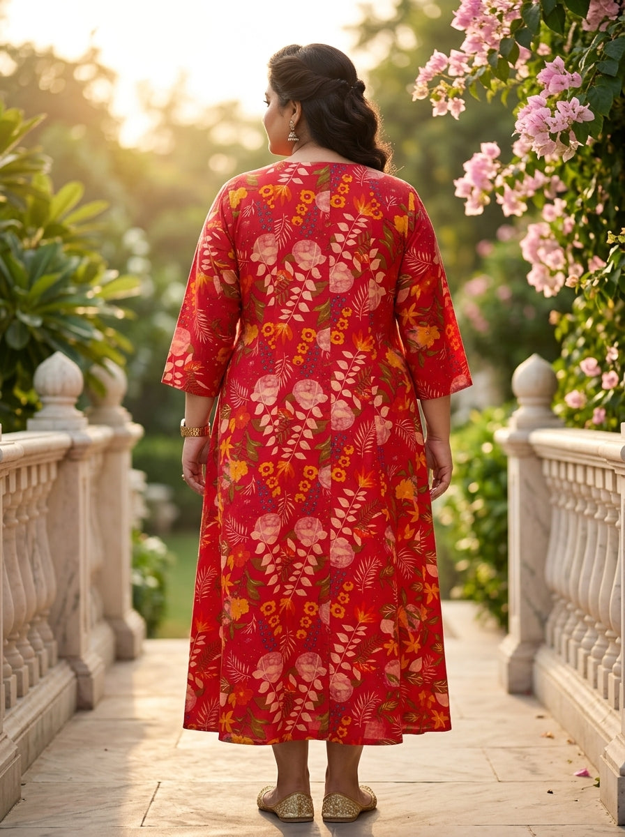 Red Rayon Floral Print Flared Long Kurta Plus Size-400079