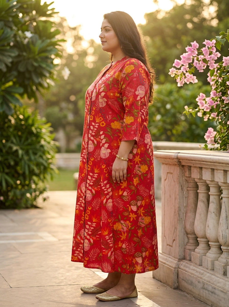 Red Rayon Floral Print Flared Long Kurta Plus Size-400079 Secondary image