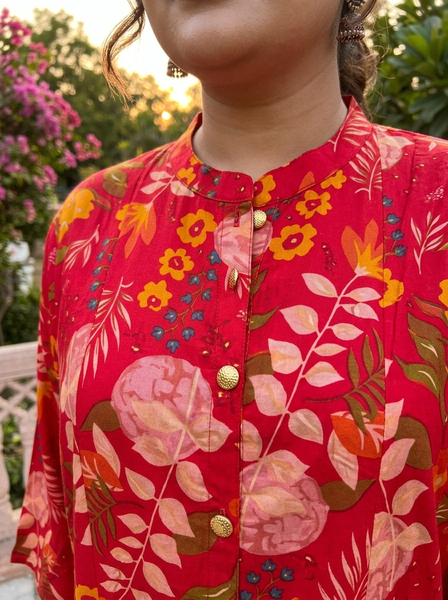 Red Rayon Floral Print Flared Long Kurta Plus Size-400079