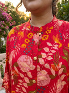 Red Rayon Floral Print Flared Long Kurta Plus Size-400079