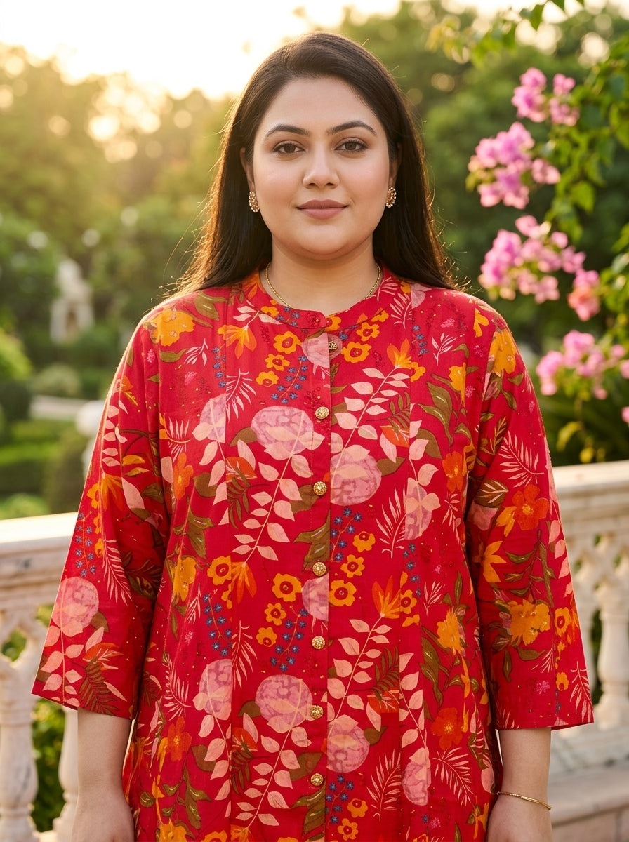 Red Rayon Floral Print Flared Long Kurta Plus Size-400079