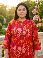 Red Rayon Floral Print Flared Long Kurta Plus Size-400079