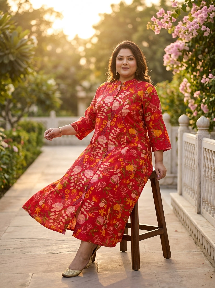 Red Rayon Floral Print Flared Long Kurta Plus Size-400079