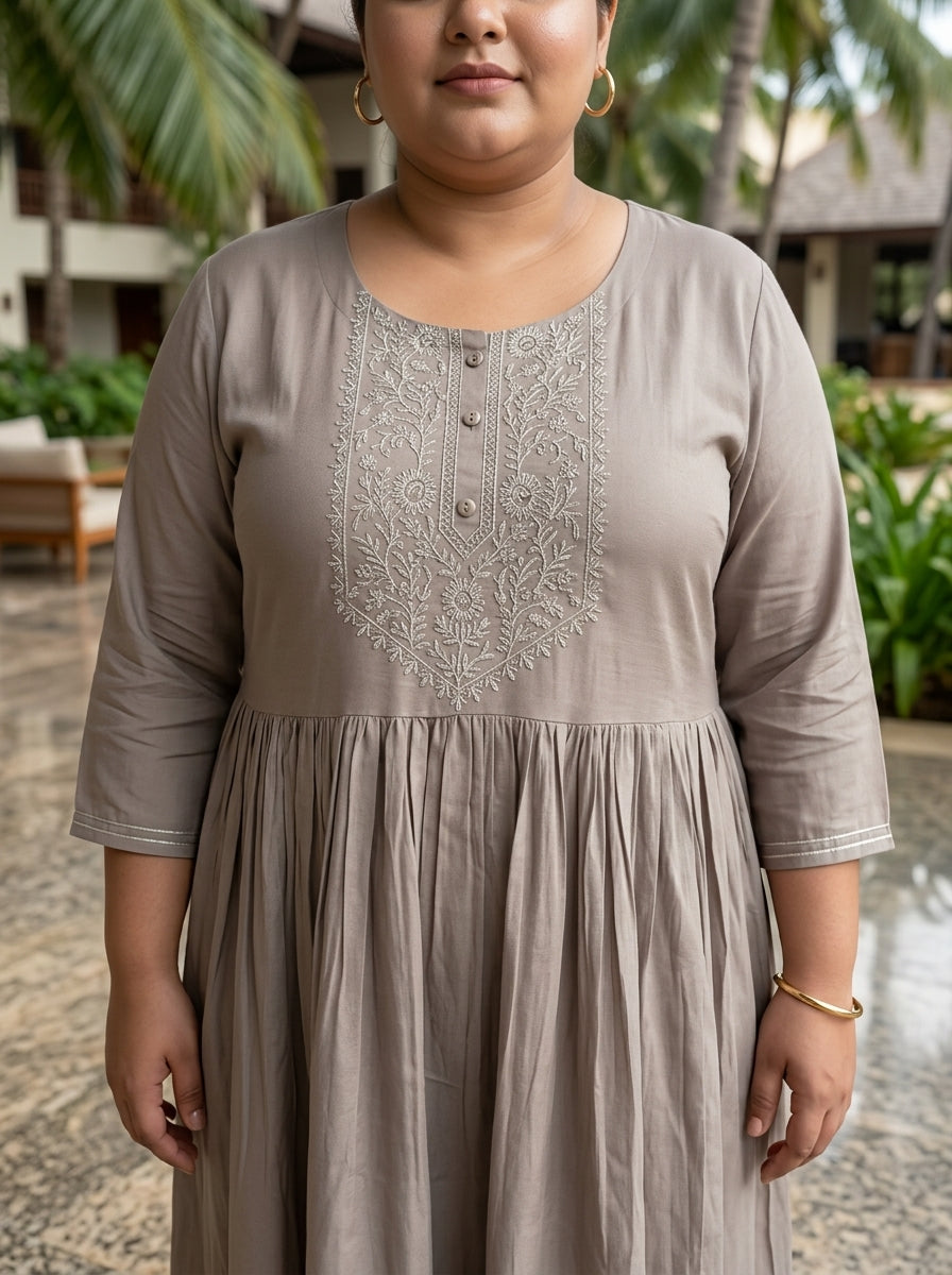 Grey Rayon Embroidered Anarkali Plus Size-400591