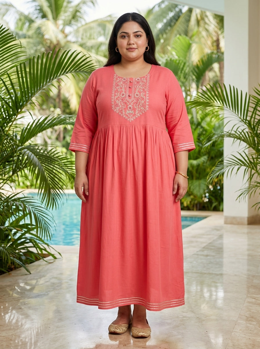 Peach Rayon Embroidered Anarkali Plus Size-400591