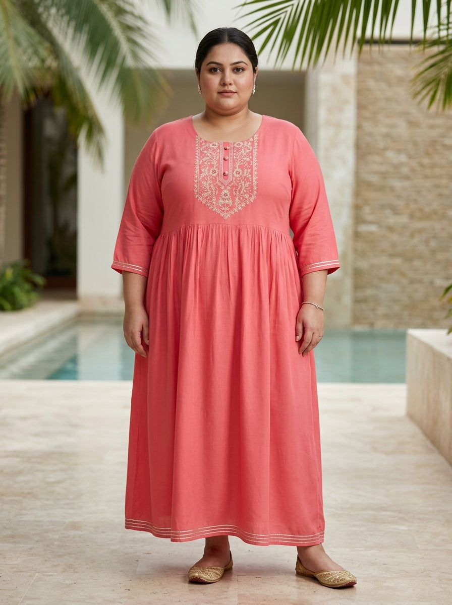 Peach Rayon Embroidered Anarkali Plus Size-400591 Main image