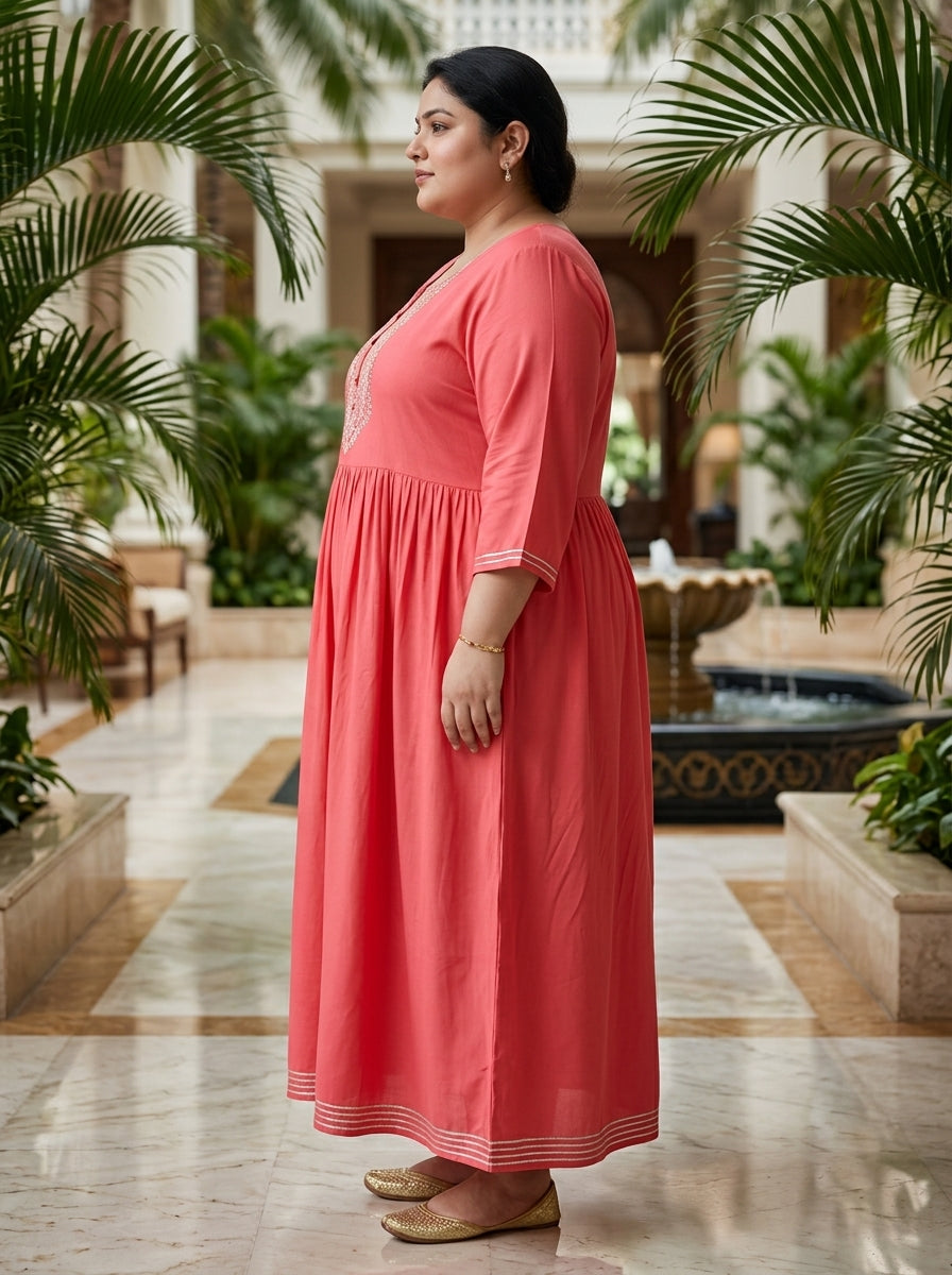 Peach Rayon Embroidered Anarkali Plus Size-400591