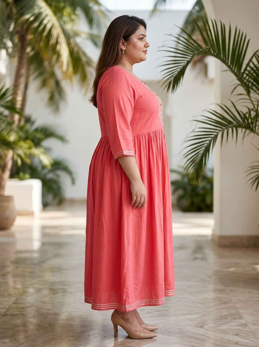 Peach Rayon Embroidered Anarkali Plus Size-400591