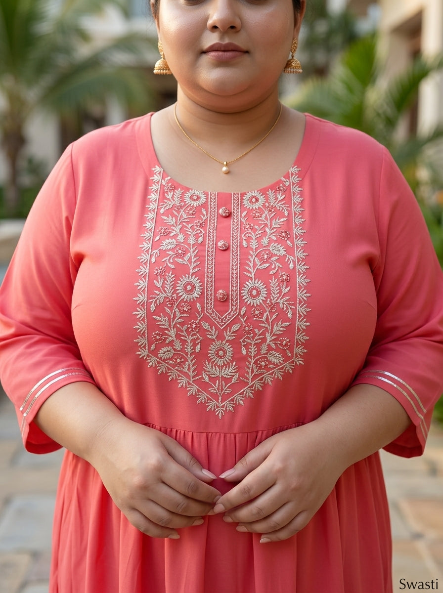 Peach Rayon Embroidered Anarkali Plus Size-400591